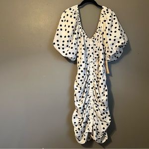 NWT Wishing Waves Sz 2X Polka Dot Black White Puff Sleeve Button Midi Dress!